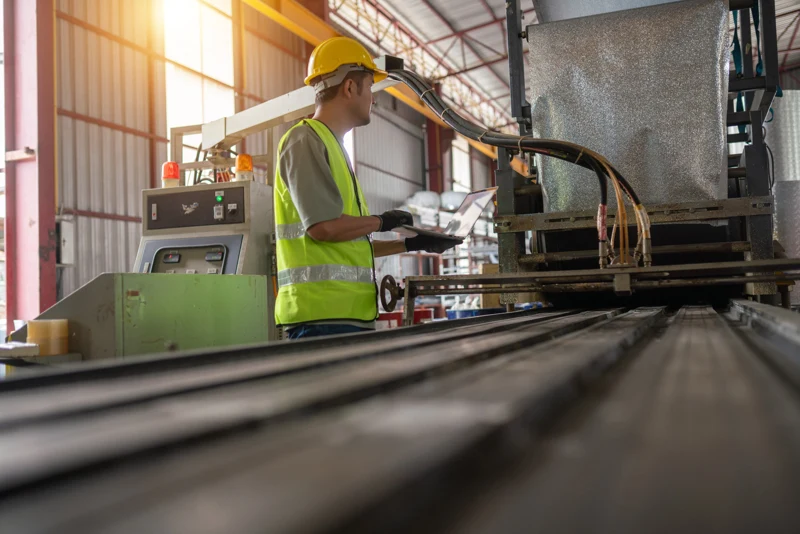 Trabalhador com equipamentos de proteção operando uma máquina industrial